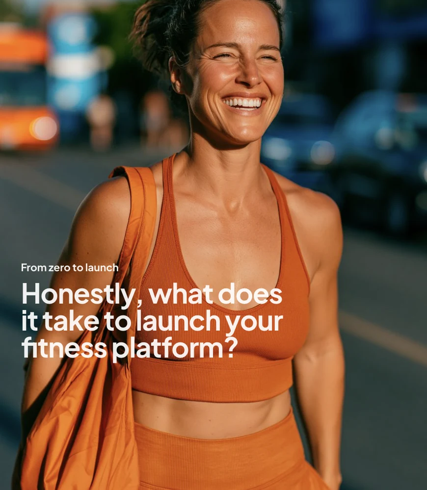Social comp: "Honestly, what does it take to launch your fitness platform?" set over a full-bleed portrait