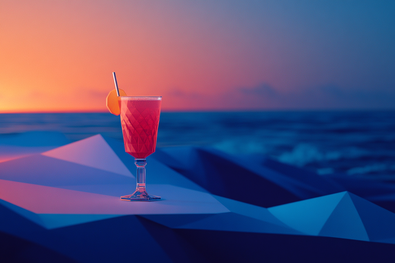 Low-poly space traveler relaxing at the beach