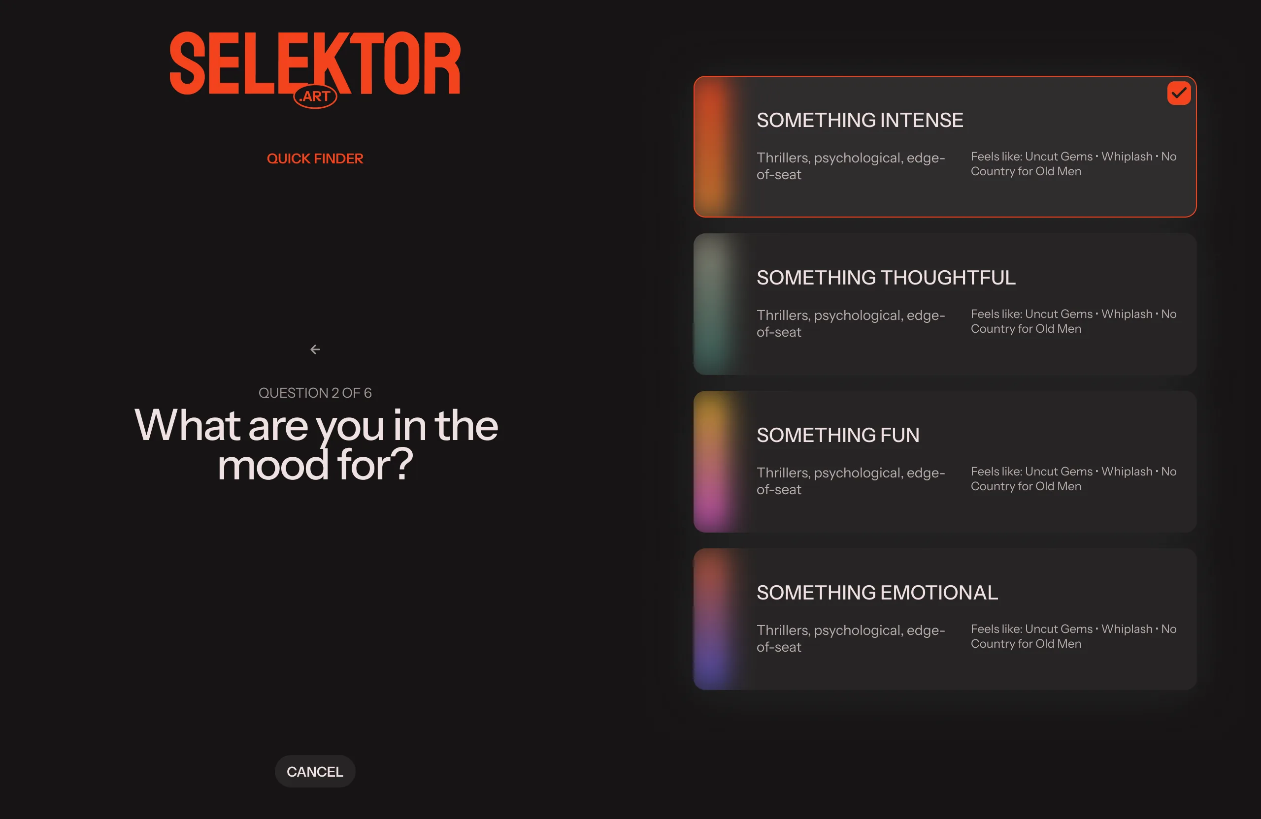 Selektor quiz page desktop